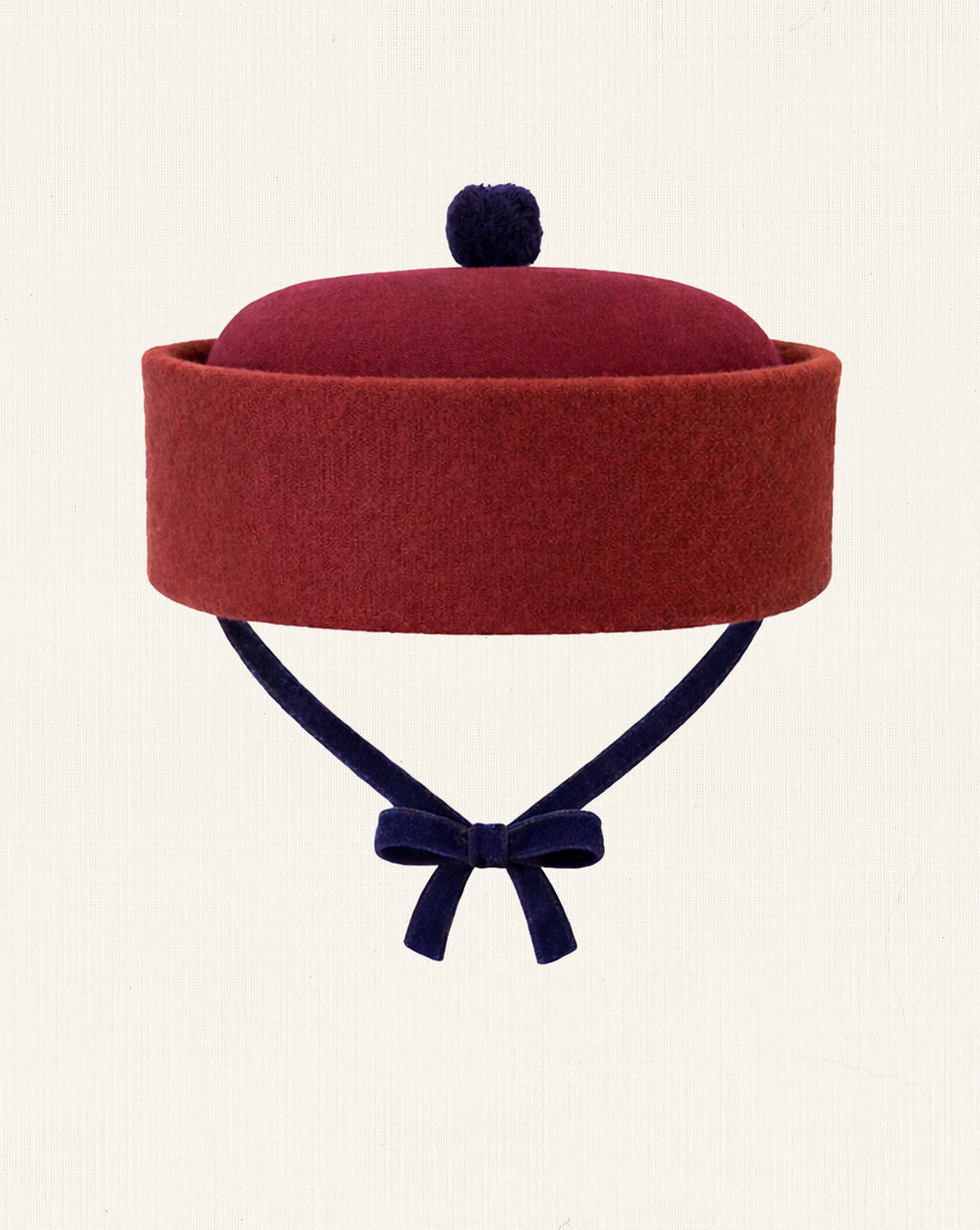 Oscar Pillbox Hat Granate Burel with Pompom (Handmade)