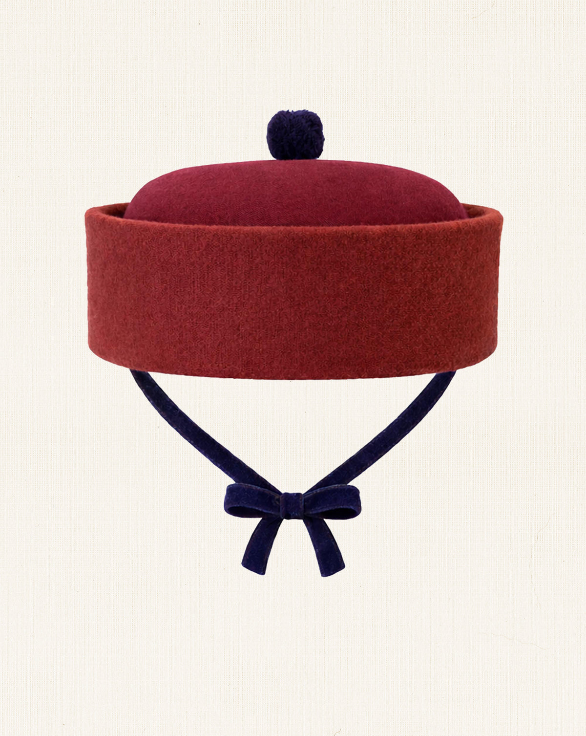 Oscar Pillbox Hat Granate Burel with Pompom (Handmade)