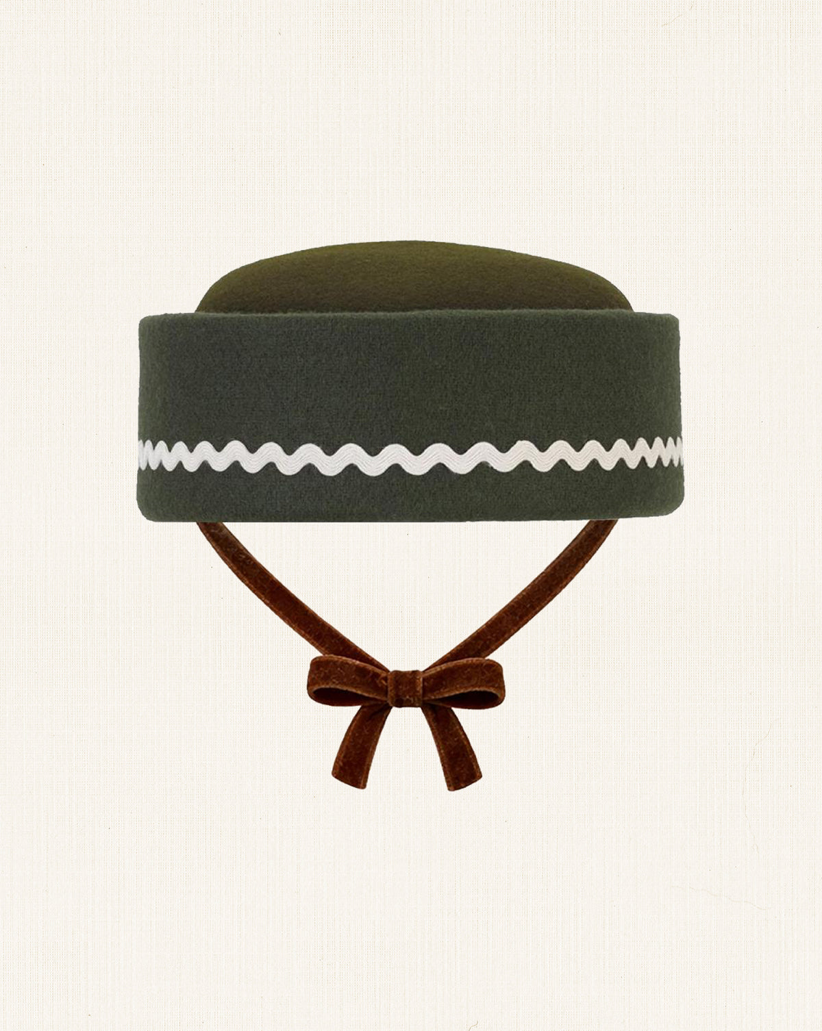 Oscar Pillbox Hat Green Burel with Detail (Handmade)