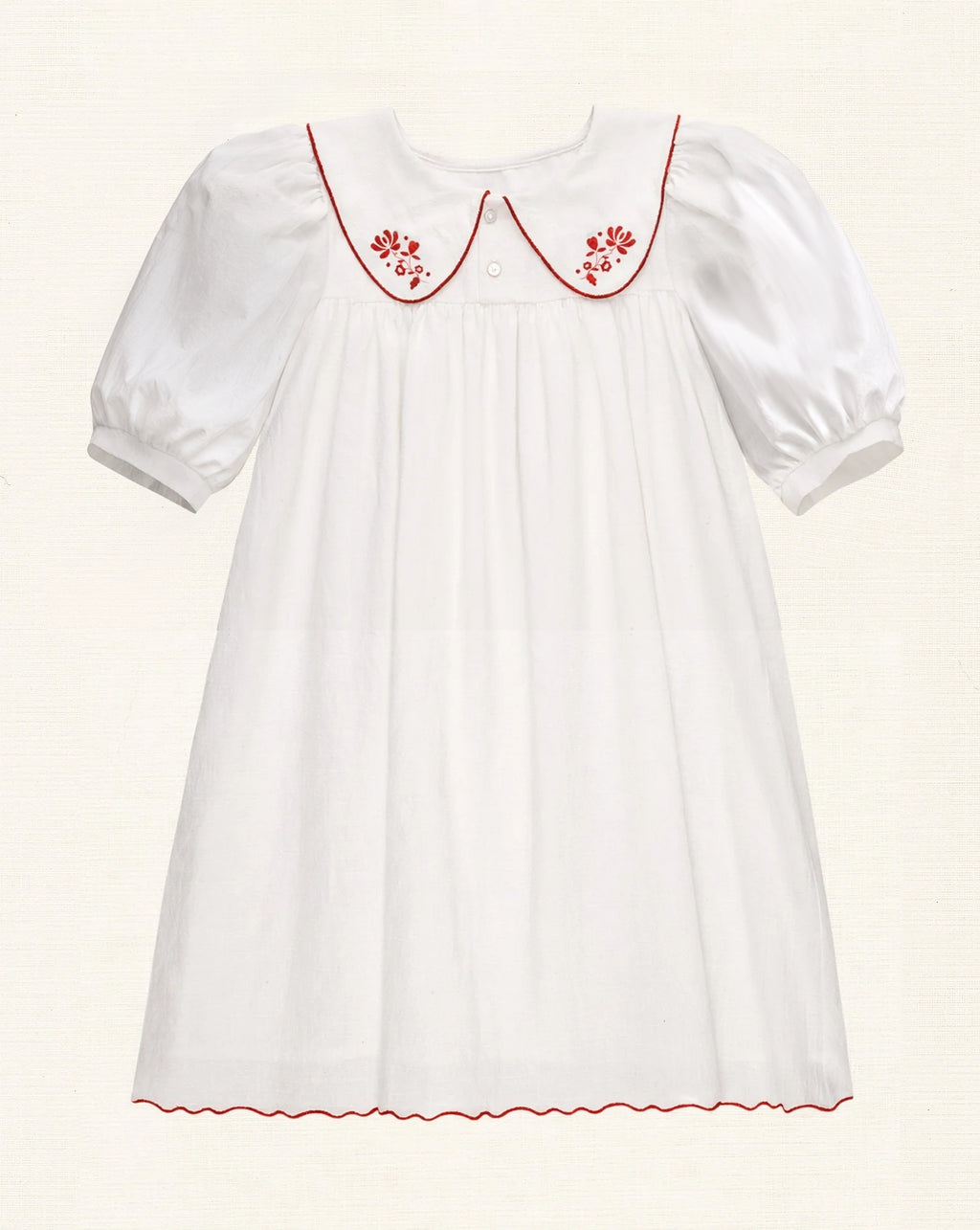 Sophia Dress 3/4 Sleeves - Ecru Red Embroidery