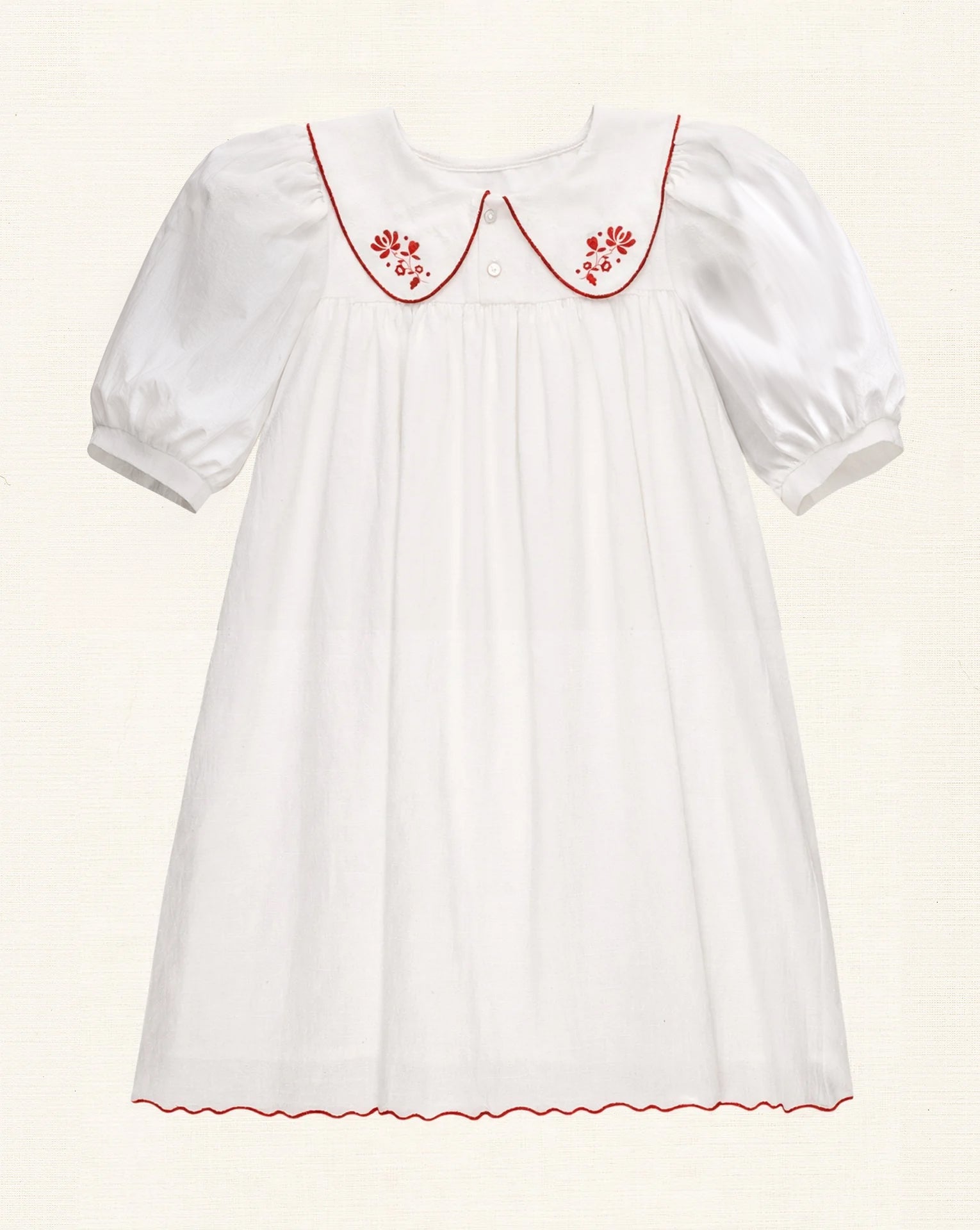 Sophia Dress 3/4 Sleeves - Ecru Red Embroidery